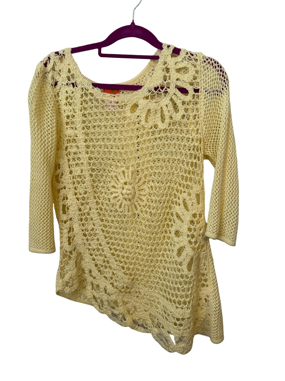 Asymmetric Fairy Sweater pale yellow Crochet open knit L Hearts of Palm Hippie